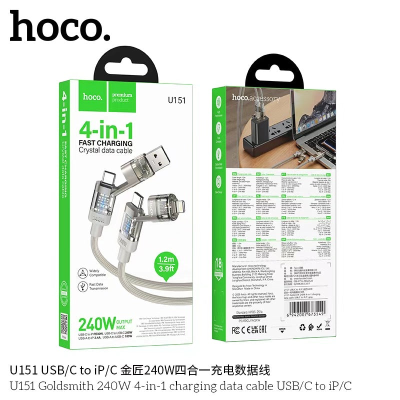Hoco U151 240W 4-in-1 USB & Type-C to Type-C and Lightning Charging Cable